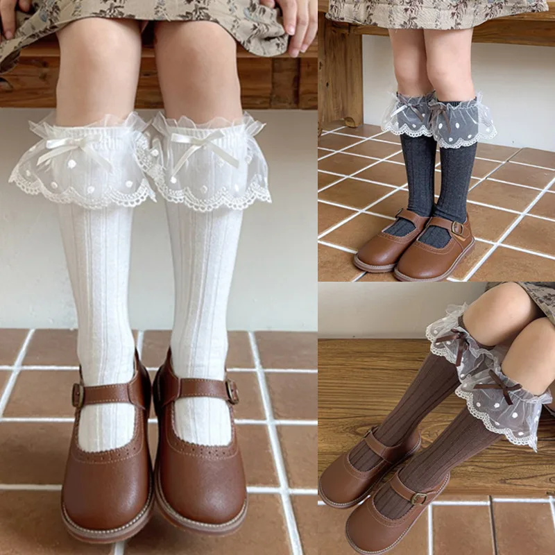 

1 Pair Lace Children Long Socks Soft Cotton Baby Girls Knee High Socks Kids School Uniform Stockings for 3-10 Years