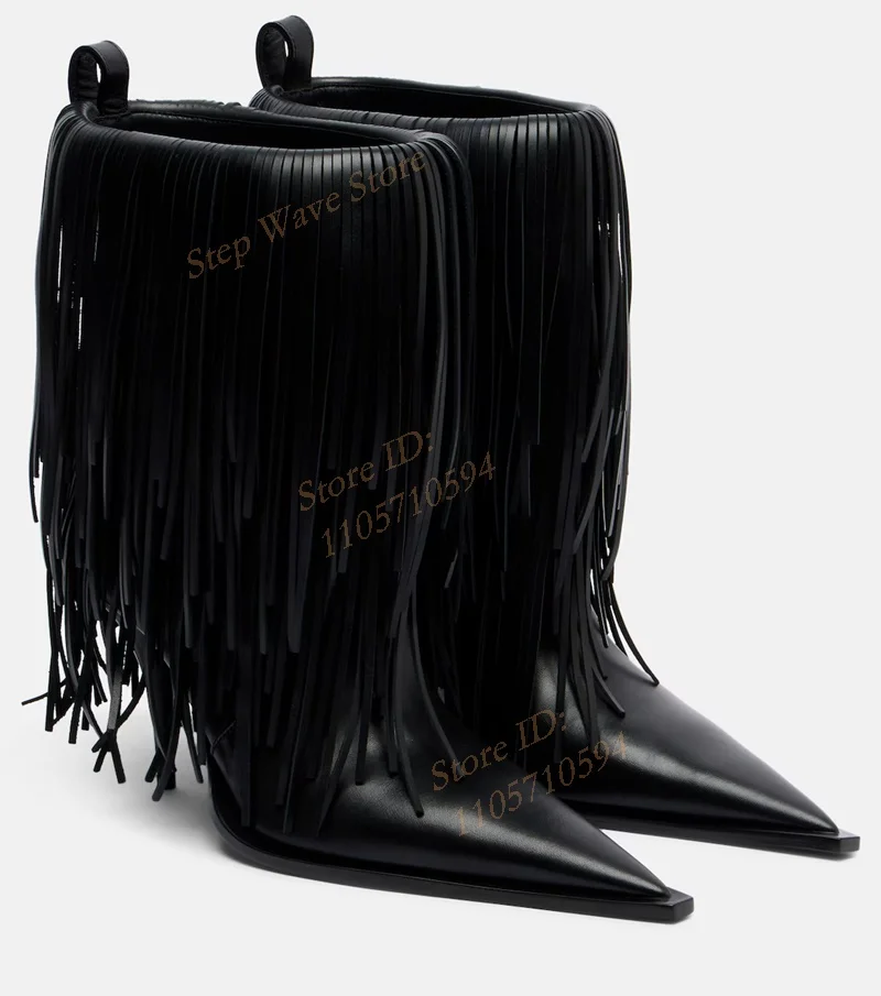 Tassel Pointy Toe Ankle Booties Black Matte Leather Slip On Runway 2026 Trending Winter Autumn Women Dress Shoes New Arrivals