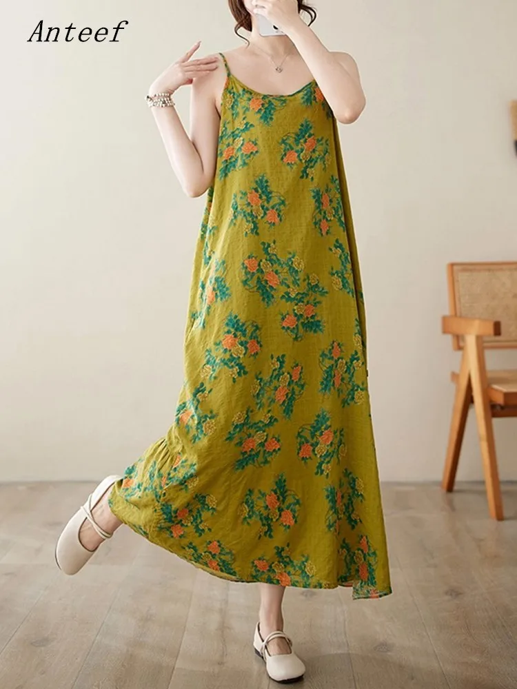 Anteef sleeveless strap cotton vintage floral new in dresses for women casual loose long summer dress elegant clothing 2024