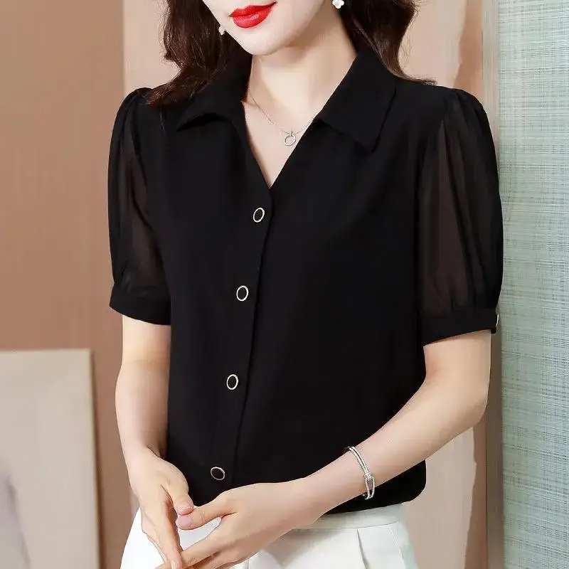 Office Lady Fashion Solid Color Chiffon Blouse Summer Short Sleeve Spliced Single-breasted Female Casual Turn-down Collar Shirt