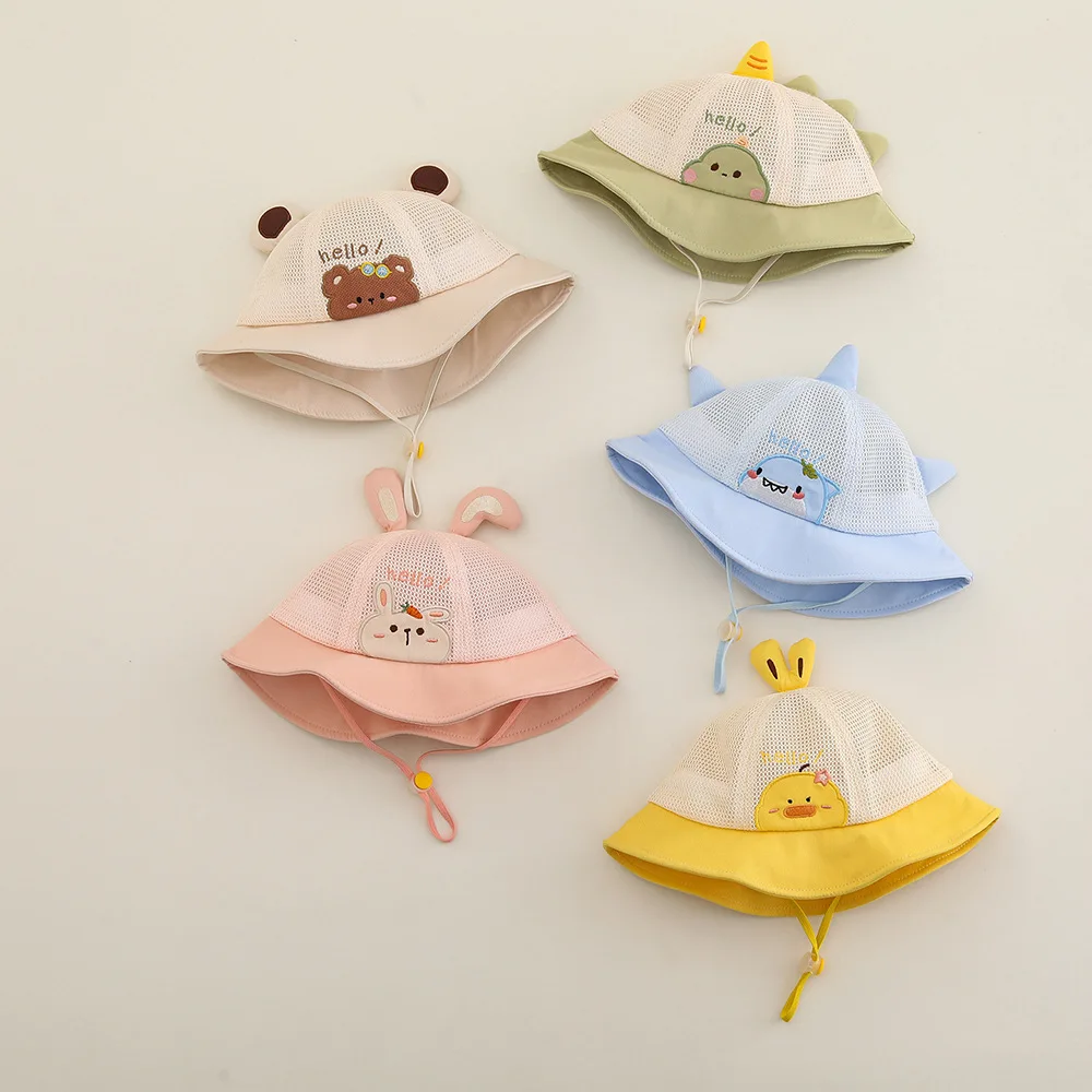 New Summer Thin Baby Bucket Hat Cute Bear Drawing Breathable Mesh Children Sun Hat Outdoor Boy Girl Cap Camping Panama Caps