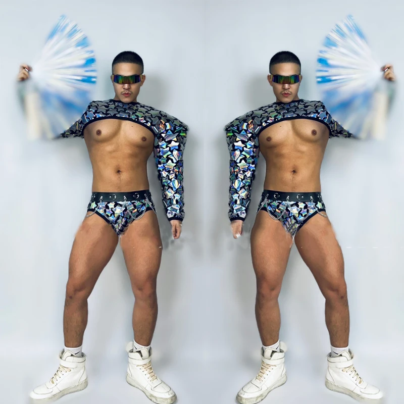 

Men Mirrors Gogo Costumes Fly Shoulder Star Sequins Top Briefs Rave Outfit Bar Nightclub Dj Ds Stage Pole Dance Wear XS3655