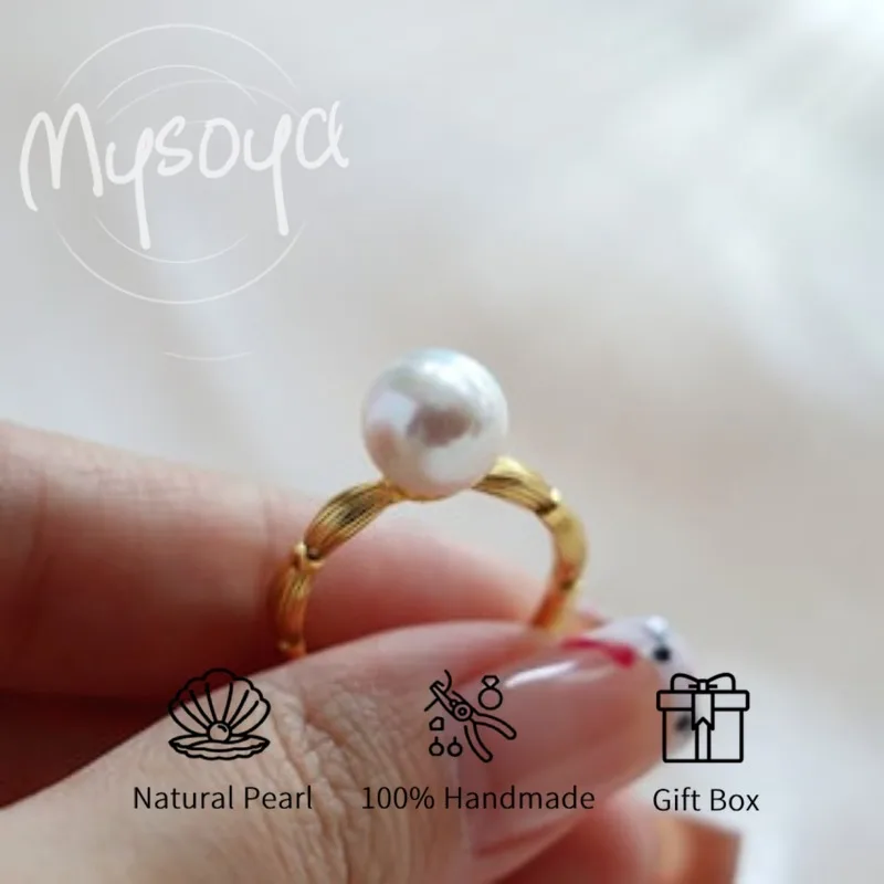

MYSOYA White Freshwater Pearl Ring 8-9mm With Gift Box For Her/Him Birthday/Wedding/Christmas/Anniversary Gift