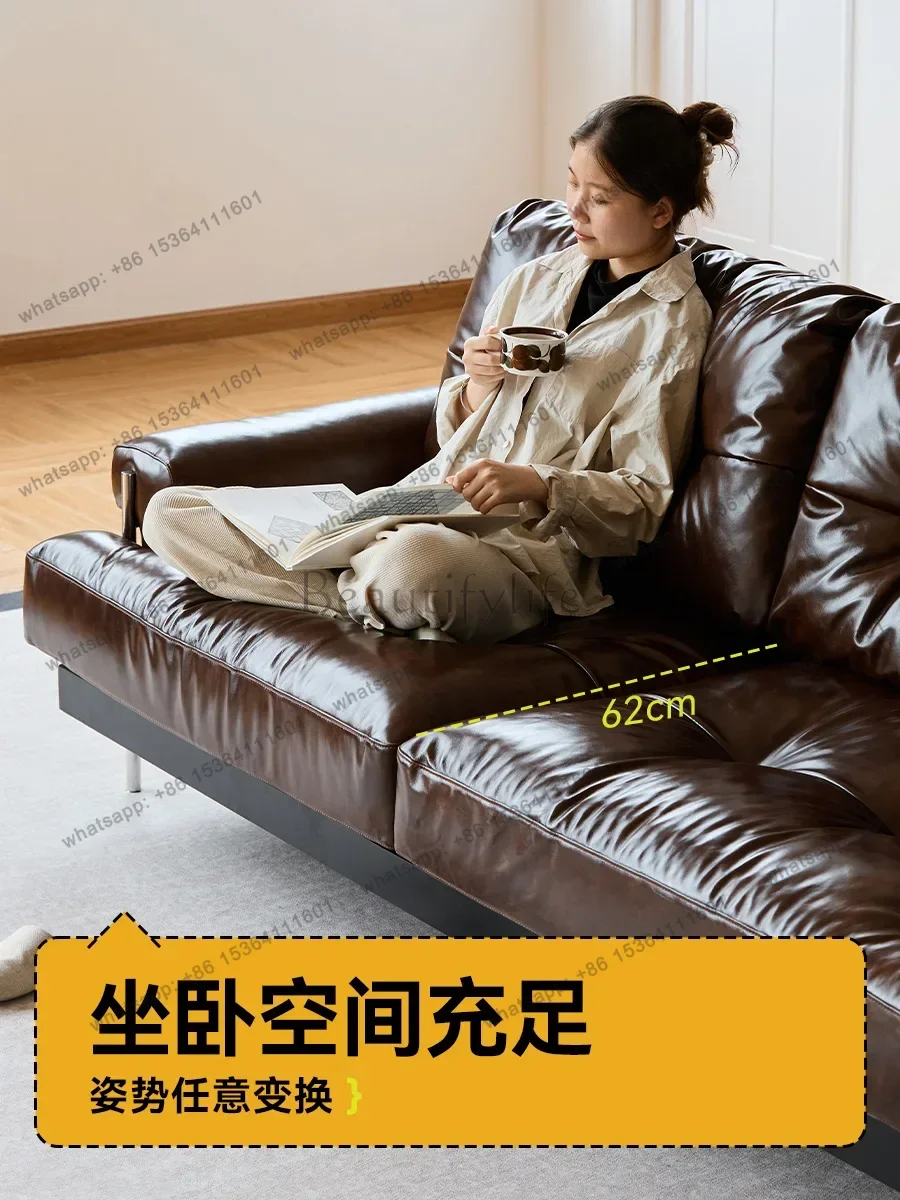 jj4 Vintage Oil Wax Genuine Leather Art Sofa Italian Style Straight Row Top Layer Cowhide Mid-Century Style Sofa