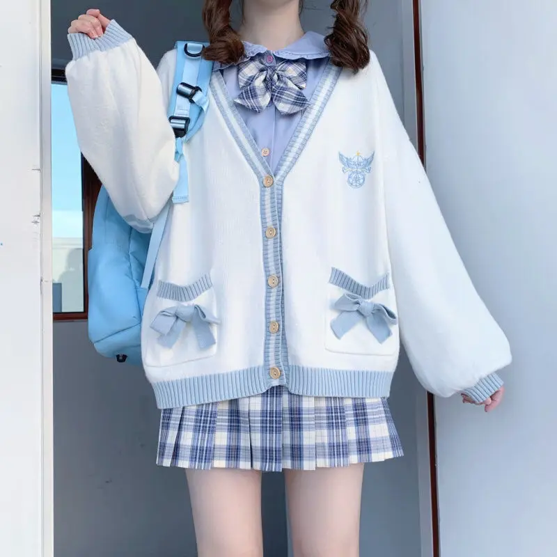 Winter Japanese Kawaii Fashion Pink Cardigan Women Harajuku Knitted Sweater Cute Bow Heart Korean College Style JK Uniform Coat