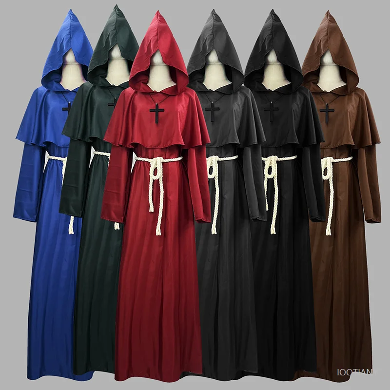 

S-5xl Medieval Vintage Cloak Medieval Monk Robe Wizard Priest Suit Halloween Stage Long Cape Role Play Costume Plus Size 2025