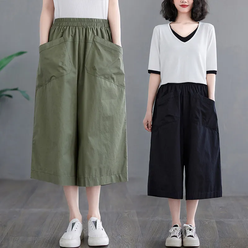 Women Summer Korean Style Solid Color Pocket Front Wide Leg Pants Plus Size Elastic Waist Casual Loose Calf-Length Pants