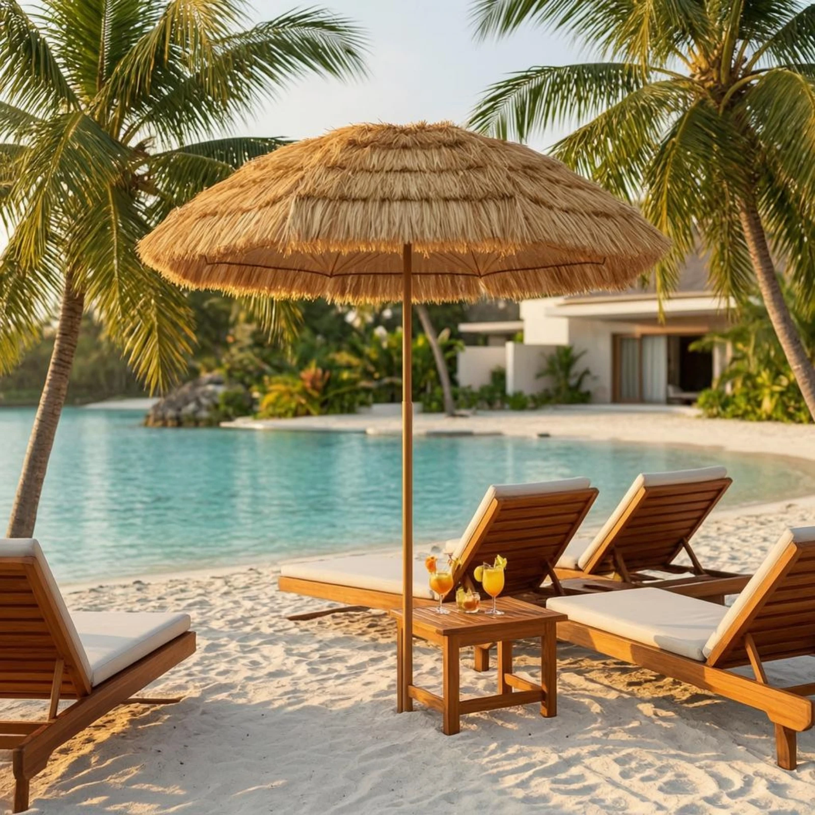 Straw-Look Umbrella Beige Tan Thatched Umbrella Outdoor Shade Straight Pole