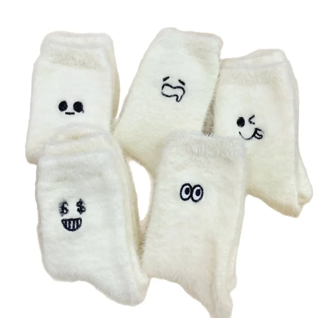 5 Paar Damensocken aus Wolle, Herbst und Winter, warm, Schnee, Markronfarbe, dick, Plüsch, haarig, weich, nach der Geburt, Strümpfe, Bodenschlafsocken