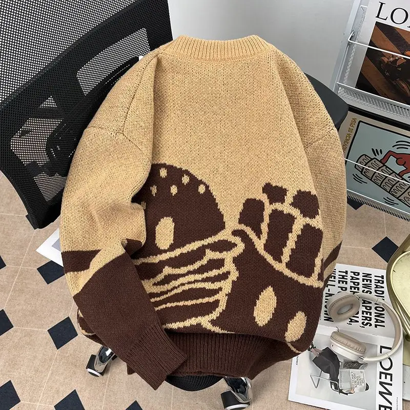 سترة محبوكة عصرية بياقة مستديرة وأكمام طويلة للشباب، أزياء الربيع على طراز هاراجوكو، تصميم كتل الألوان، قصة فضفاضة غير رسمية ...