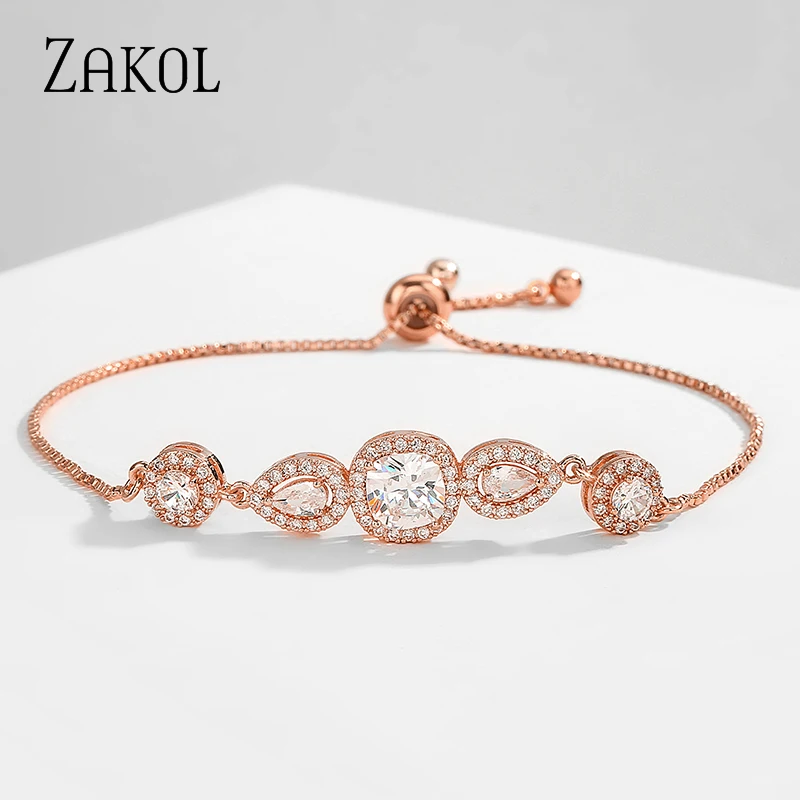 ZAKOL Luxury Water Drop Squre Cubic Zirconia Crystal Adjustable Bracele & Bangle for Women Fashion Bridal CZ Wedding Jewelry