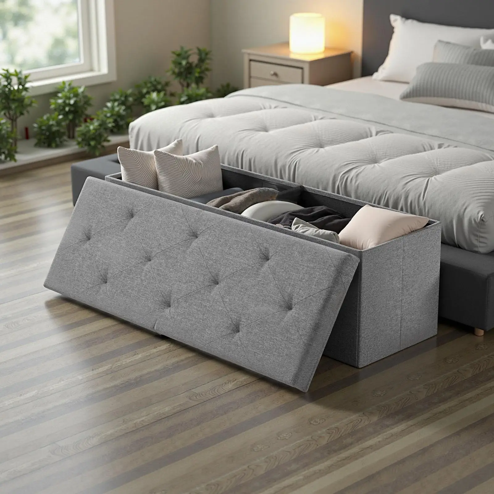Foldable Storage Ottoman Bench - Large Ottoman Chest for Bedroom, Sofa Footrest, Shoe Bench & Hidden Storage Chest in One,End of Bed - Padded Seat Foo