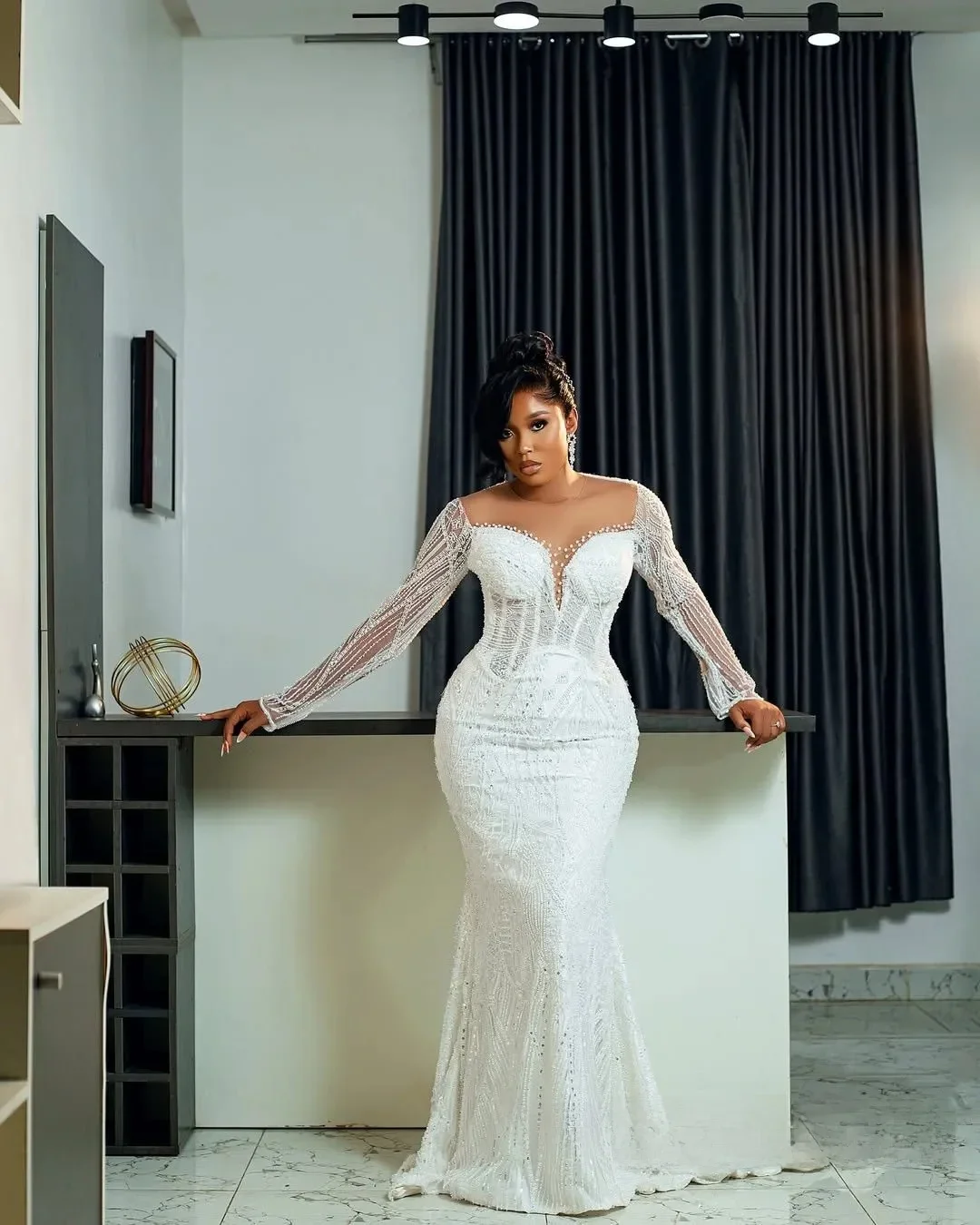 Customized Aso Ebi Mermaid Wedding Dress For Bride Bridal Gowns Detachable Train Illusion Beaded Lace Crystals Decorations Flora