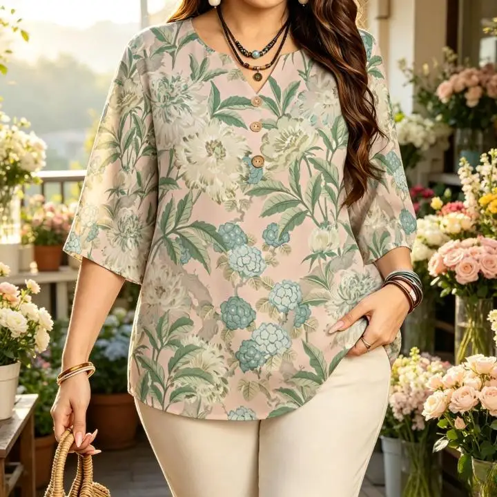Women Vintage Floral Blouses Notch V Neck 3 Decor Half Buttons 3/4 Sleeve Lightweight Daily Vacation Tops