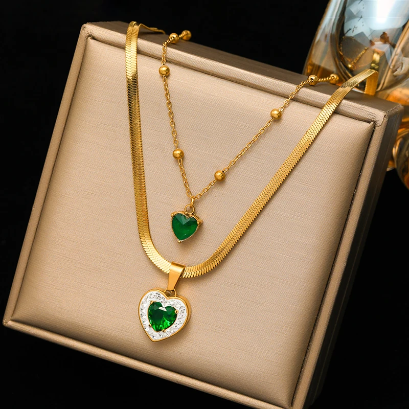 EILIECK 316L Edelstahl 1 Set Herzförmige Grüne Kristall-Halskette Ohrringe für Frauen Mädchen Mode-Schmuckset Geschenk Party – Detail 17
