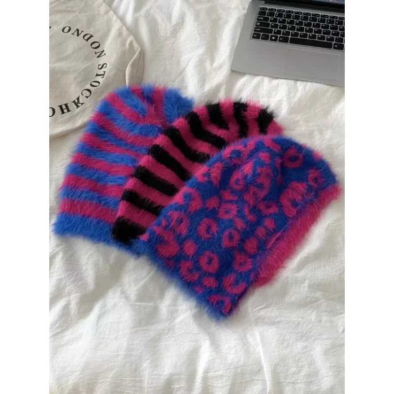 Korean Design Striped Color Matching Balaclava Hats Autumn and Winter Ins Fluffy Warm Pullover Knitted Beanies Caps for Women