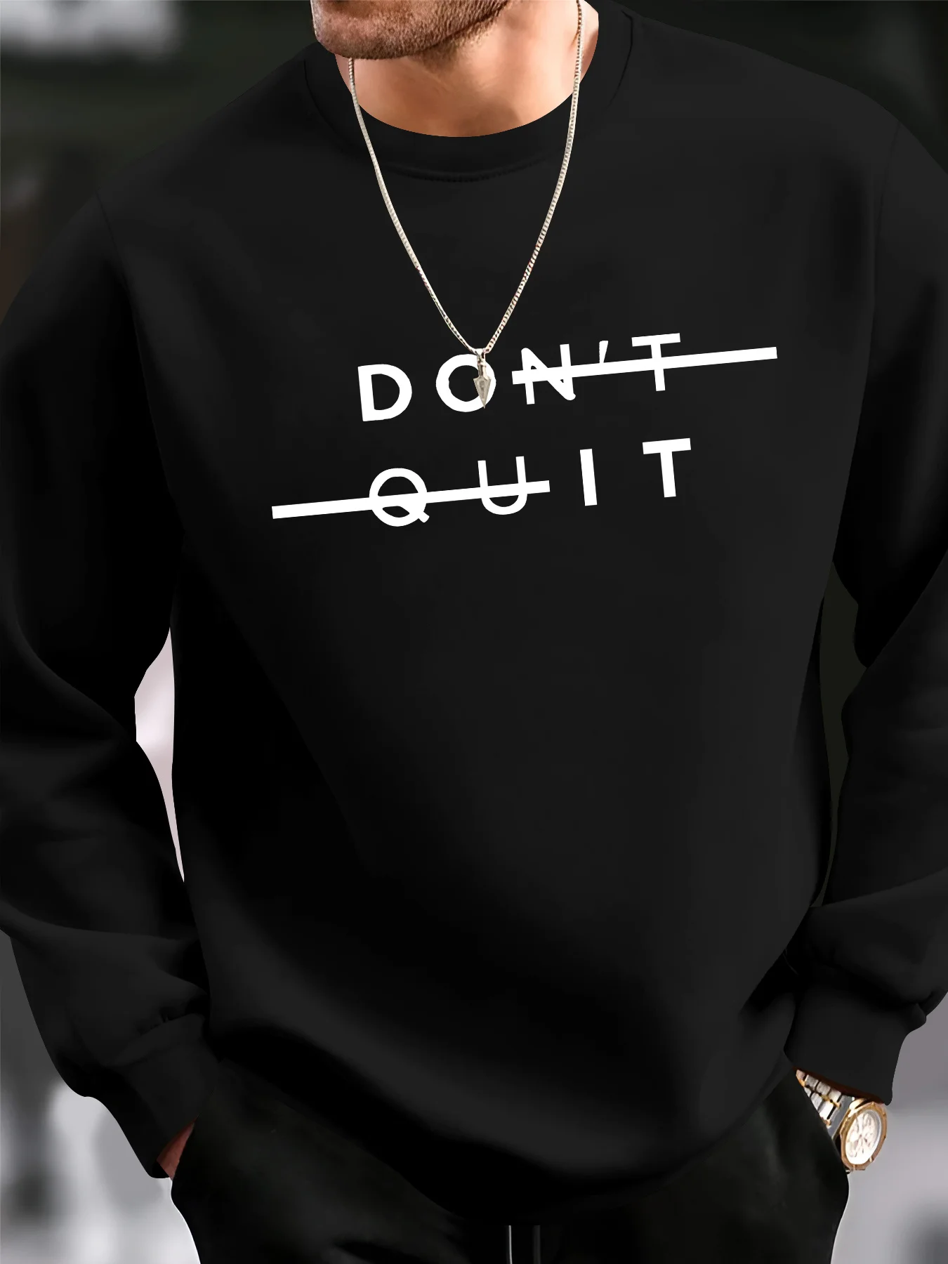 

[Trendy Graphic Sweatshirt] Casual "DON'T QUIT" Graphic Sweatshirt - Trendy Art Print Design, Machine Washable