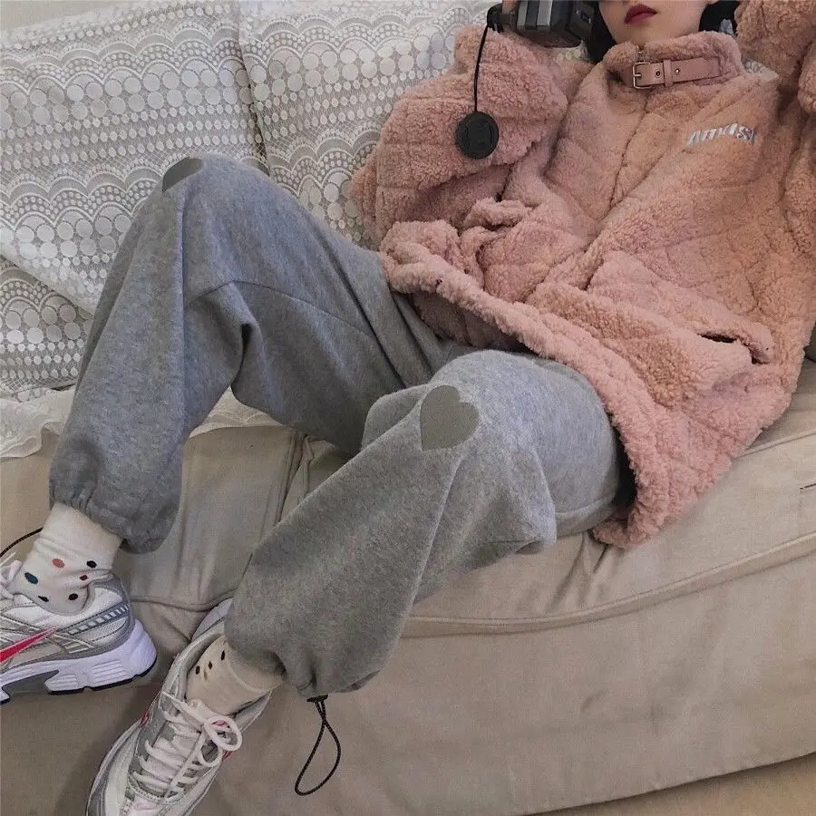 

Осенние женские повседневные брюки, свободные шикарные брюки с вышивкой в виде сердца и высокой талией, прямые зимние утолщенные утолщенные простые милые теплые брюки