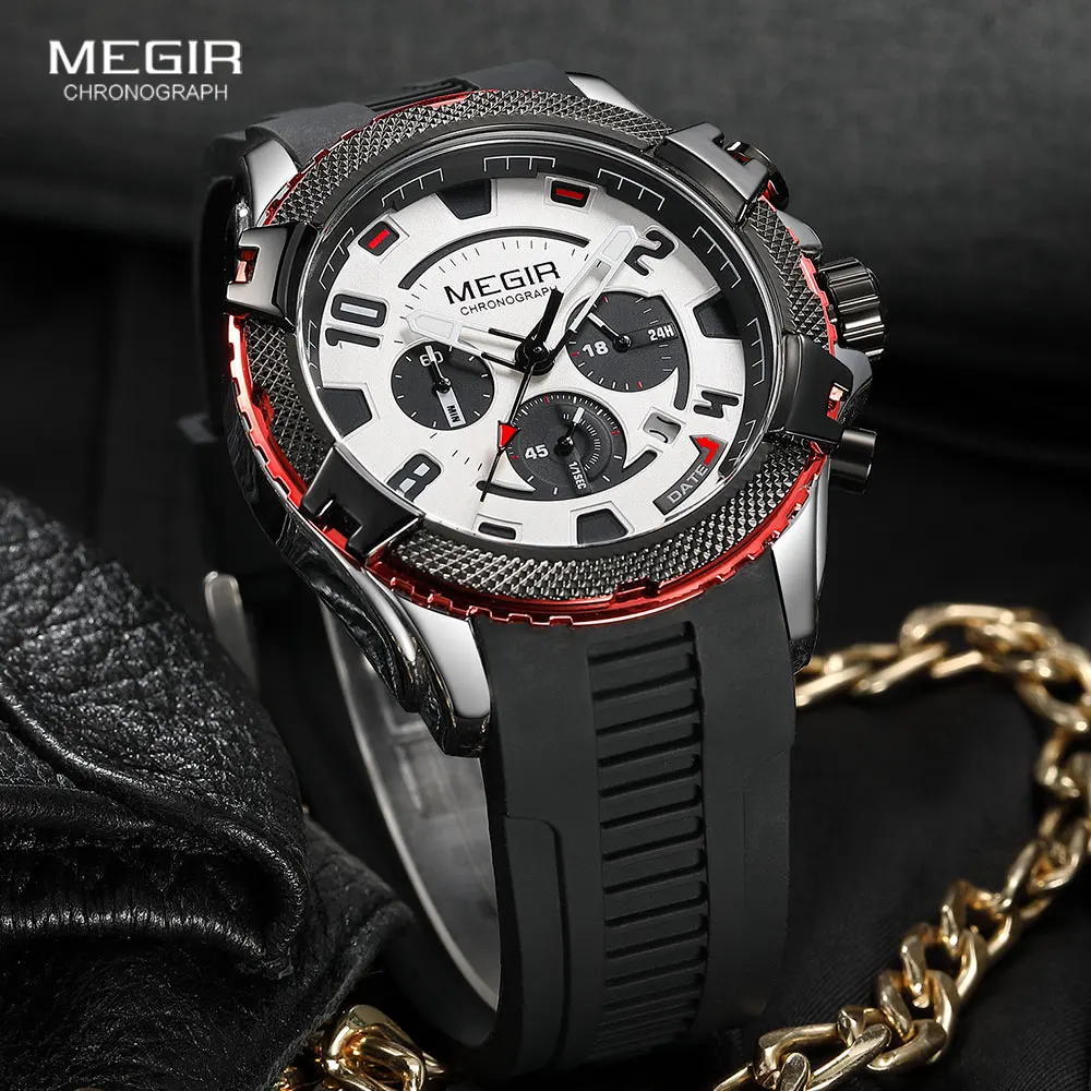 MEGIR Fashion Watch for Men Orange Silicone Strap Sport Chronograph Quartz Wristwatch with Date 24-hour Display 3atm Waterproof