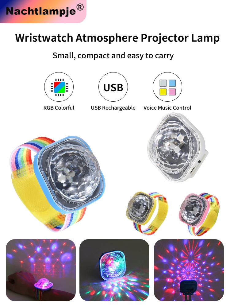 Nachtlampje Portable LED Night Light Disco Wearable Watch Sound Control Projection Disco Stage Lights Ambient Lamp for KTV Bar