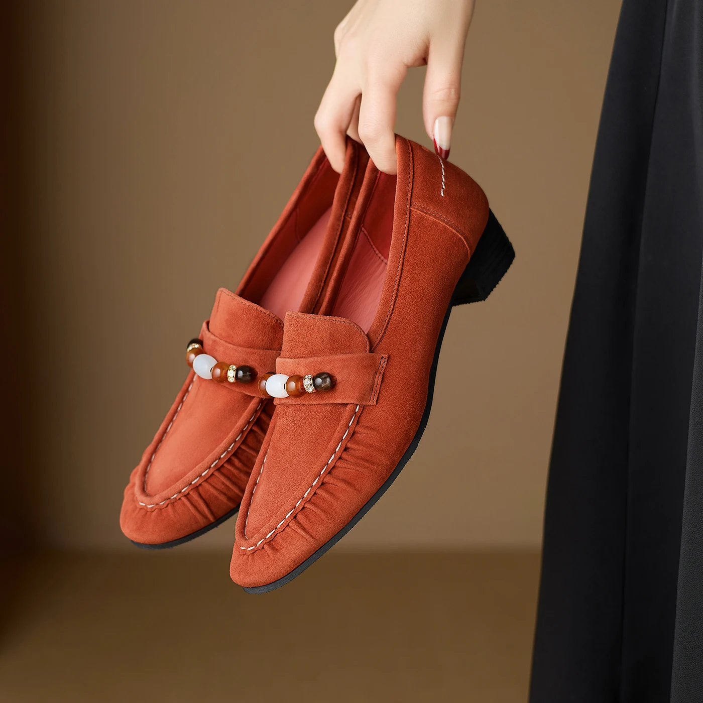 

Genuine Leather Sheepskin Suede New Women's Loafers, Pointed Closed Toe Shallow Slip-on Retro Flat Women Shoes