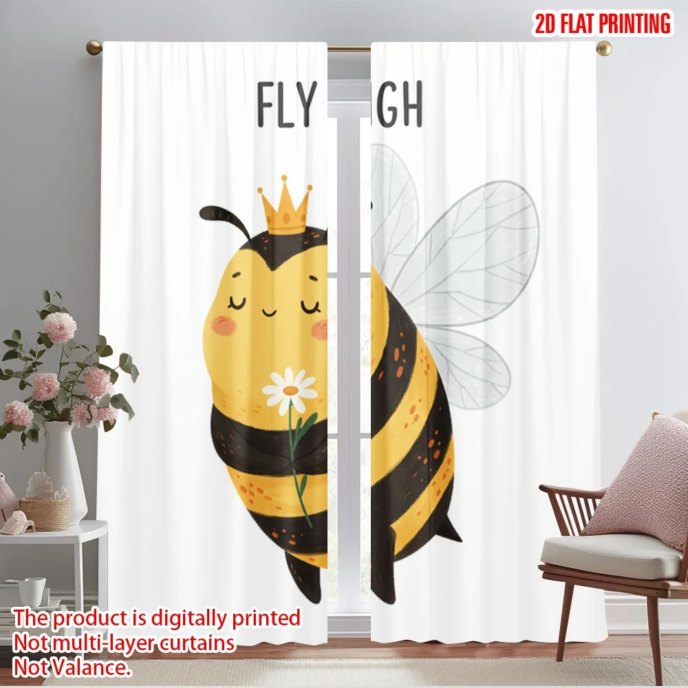 

2pcs 2D flat printing Curtains Cute Bee Flower Flying Polyester Without Electricity Festive Wall Decor Perfect for Indoor