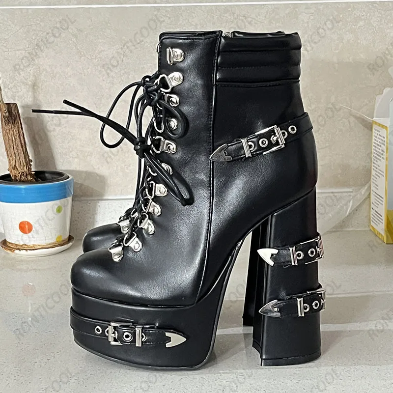 Ronticool 2024 New Women Winter Platform Ankle Boots Buckle Chunky Heels Round Toe Black Punk Club Wear Shoes US Size 5-20