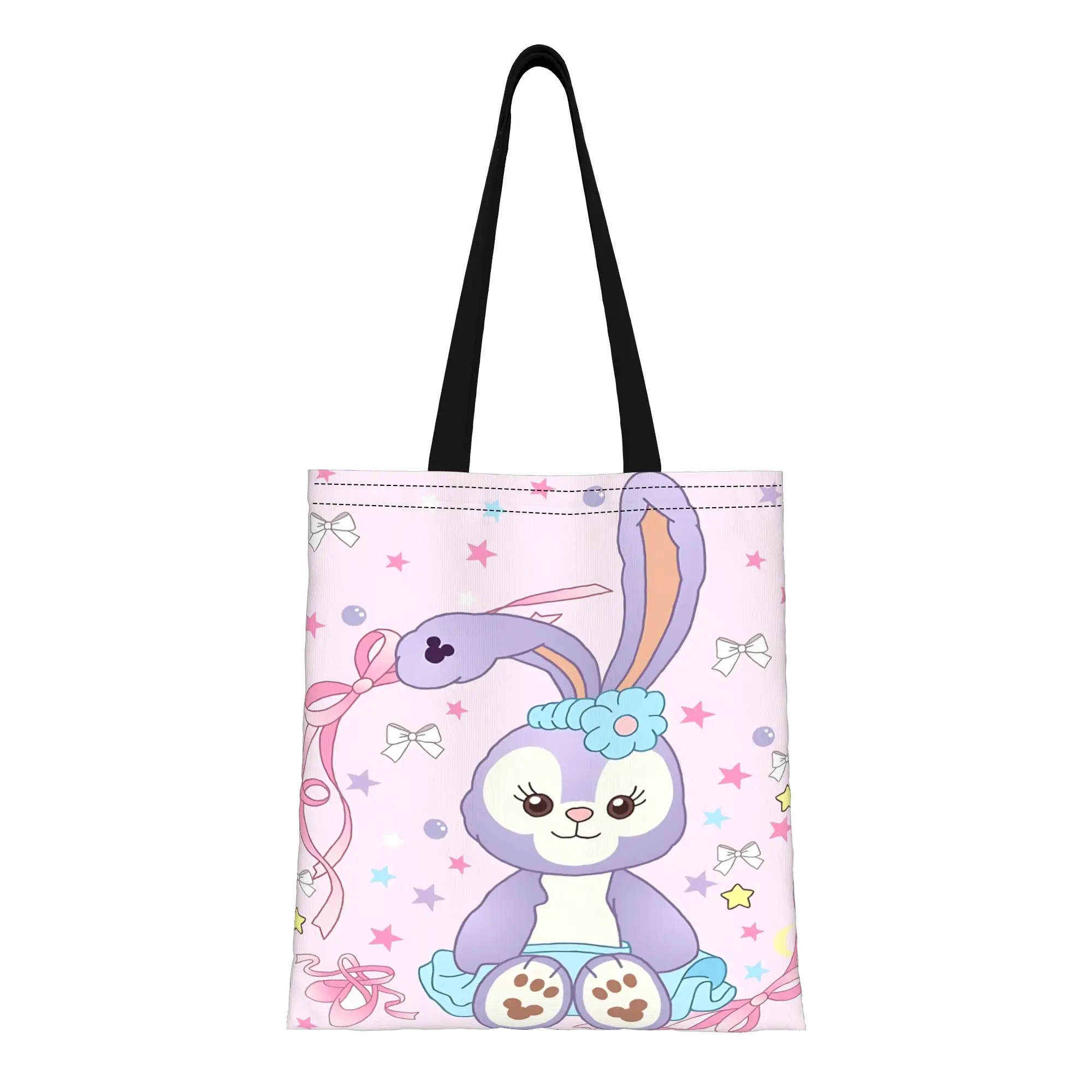 

Сумка-тоут из холщовой ткани с изображением кролика СтеллаЛу из серии Disney Duffy And Friends, большая вместимость, фиолетовая, складная, с шикарным узором, подарок на первый день в школе