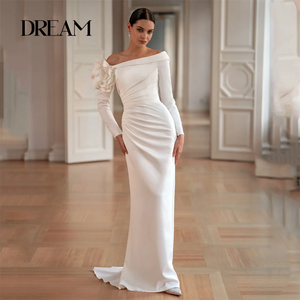 

DREAM Off The Shoulder Flower Mermaid Wedding Dress 2025 Long Sleeves Pleat Sweep Train Bridal Gown Vestidos De Novia Customized