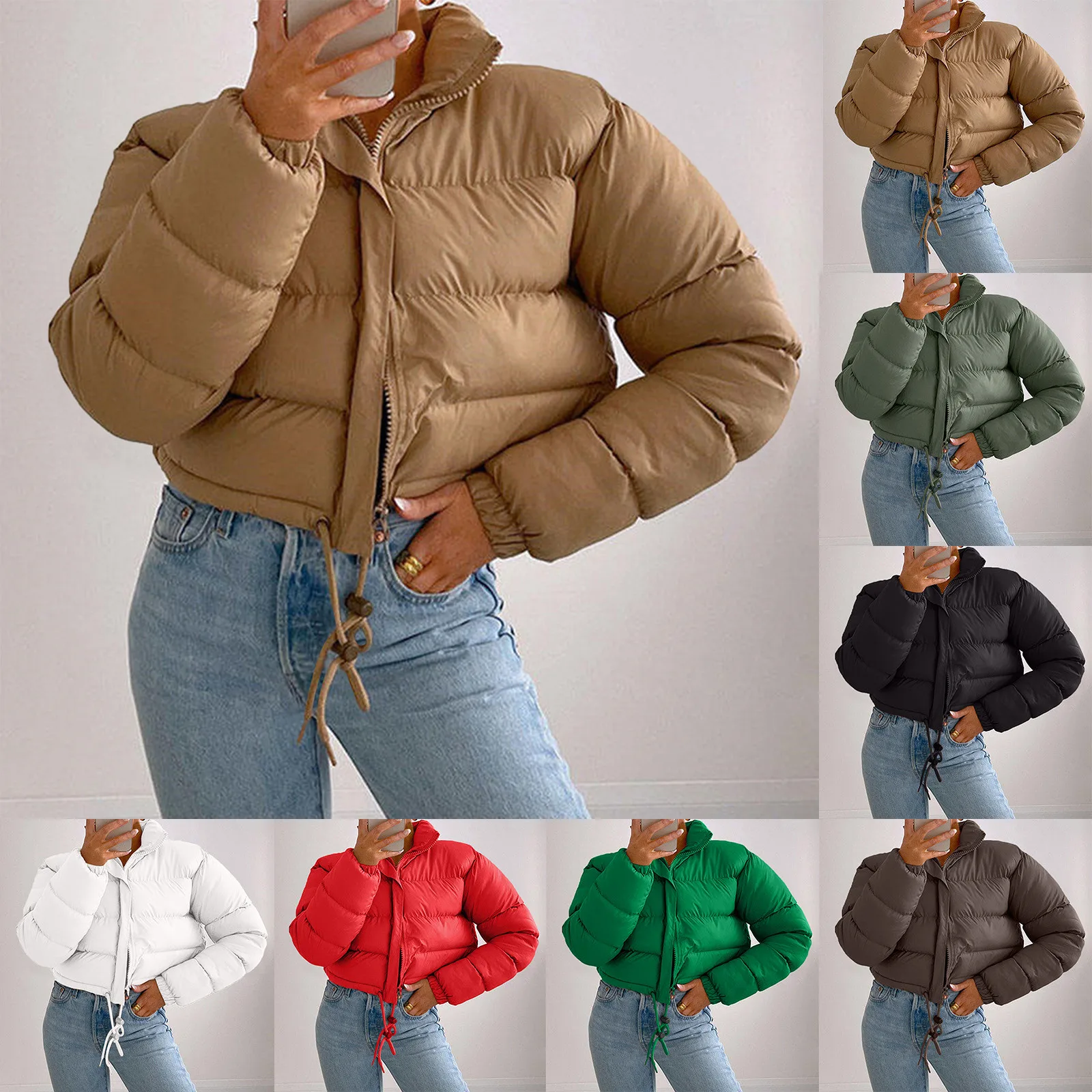 Women Long Sleeved Cropped Parkas Slim Fit Zipper Solid Color Bread Puffer Outwears Plus Size Cotton Padded Snow Coat For Women