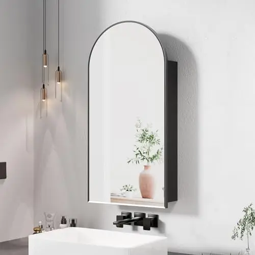 Arched Medicine Cabinet with Mirror, Arched Mirror Cabinet for Bathroom,Black Metal Edge Medicine Cabinet Surface Mount