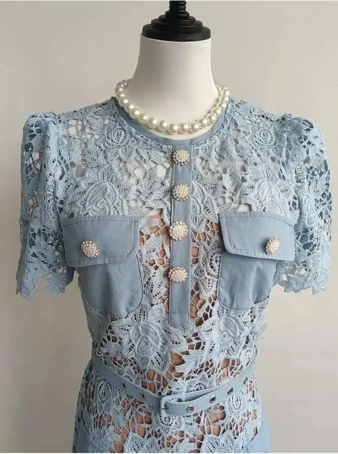 JAMERARY Summer Holiday Party Prom Blue Lace Embroidery Short Dress Women Diamonds Button Mini Vestidos Female Quality