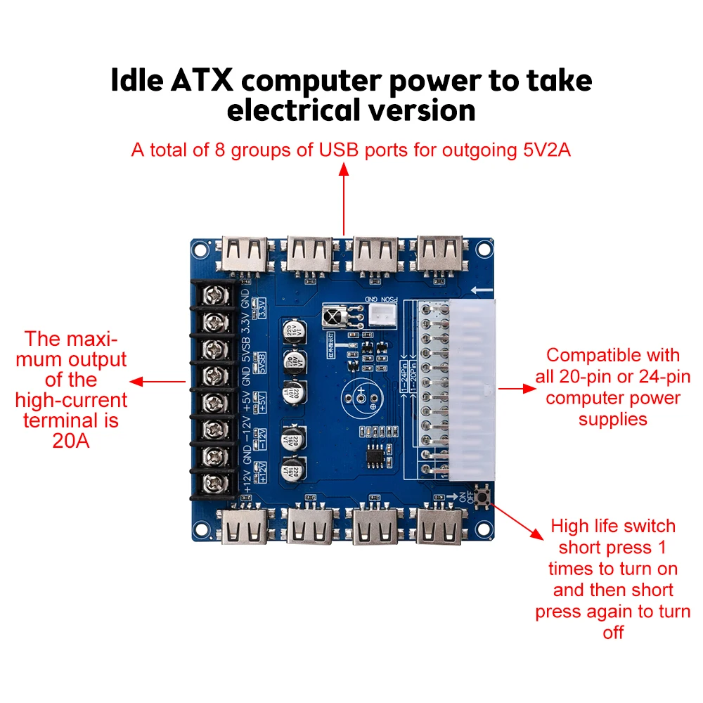 ATX Power Adapter Board com ou sem Case, 5V, 2A, 8 USB Charging Desktop, Função de Detecção Infravermelha, 20 Pin, 24 Pin