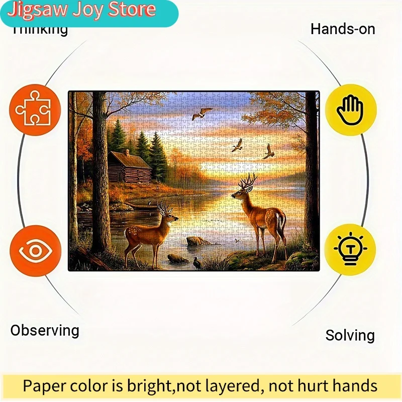 1000pcs DIY Paper Puzzle, Forest Lake Deer and Bird Sunset High-Quality White Card Material, Suitable for Parent-Youngsters Pu