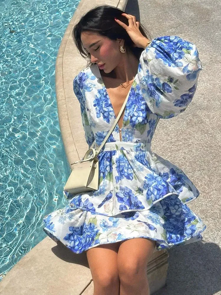 Azul floral impressão inchado em camadas babados mini vestido feminino elegante lanterna manga com decote em v cintura alta vestidos senhora vestidos de férias
