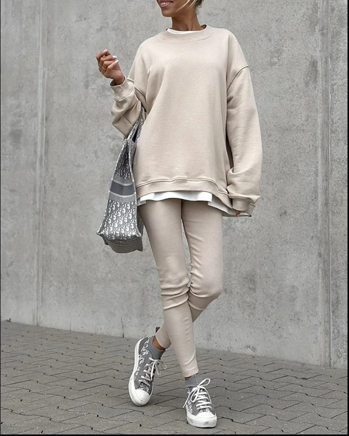 

Women's Two-Piece Set Fashion 2025 Spring Summer 2 Pieces Set Stand Collar Loose Fit Sweatshirt and Casual Slim Fit Leggings Set