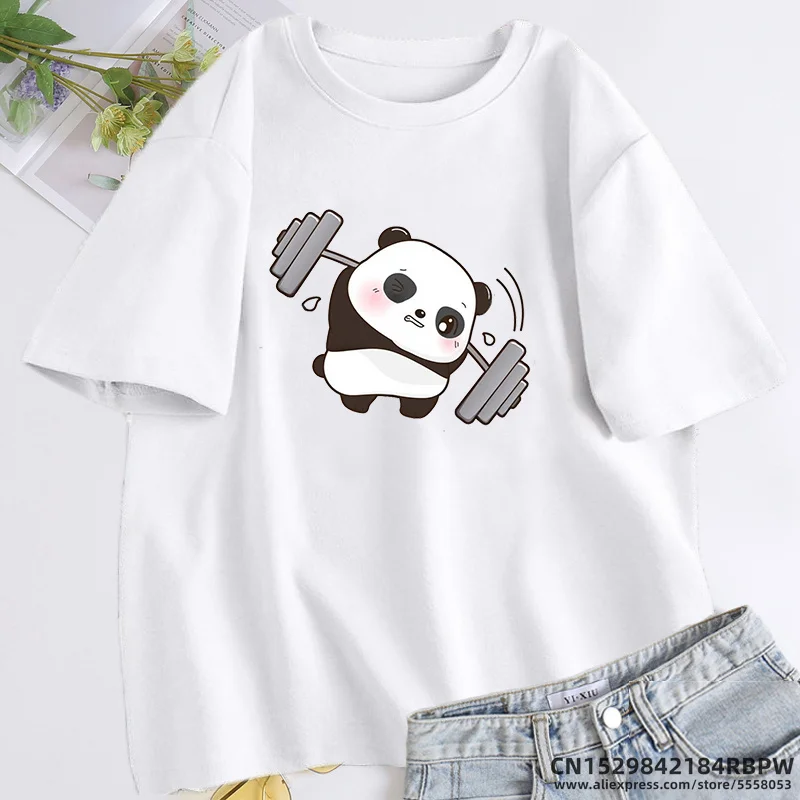 Panda T-shirts The Struggle Is Real Weightlifting Fitness Gym Cute T Shirt Women Funny Cotton T Shirts Oversize Womens Clothing