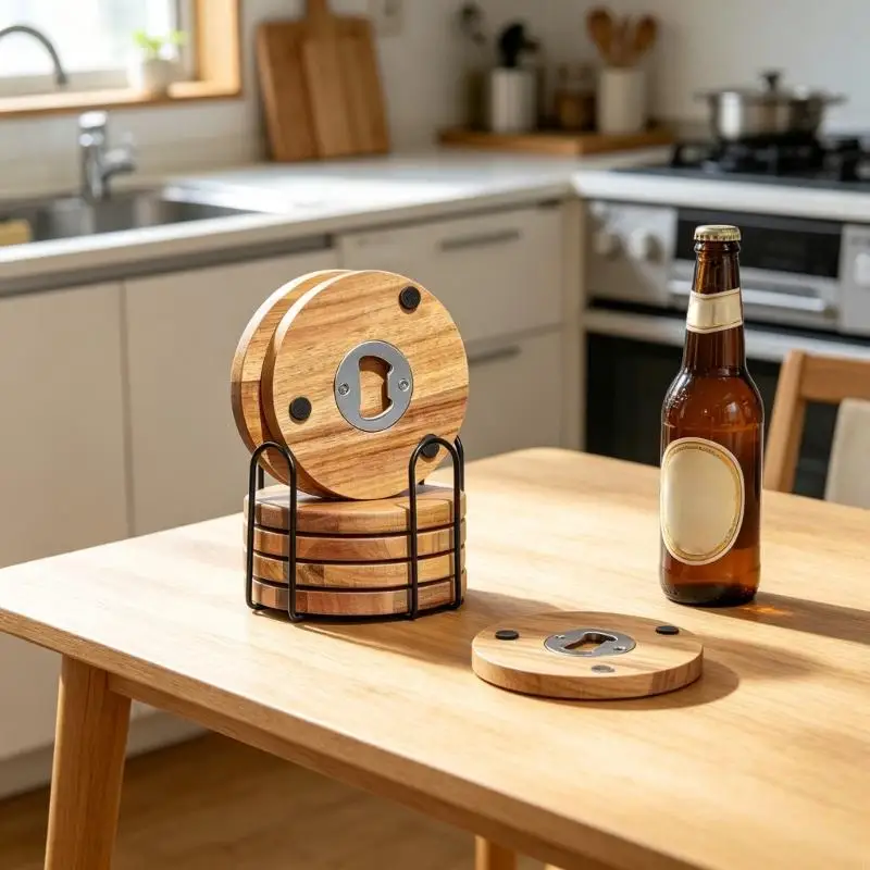Holzuntersetzer mit Lagerregal, Flaschenöffner für Bier und Getränkebecher, Matte für Zuhause, Küche, Büro und Außenbereich B03E – Detail 9