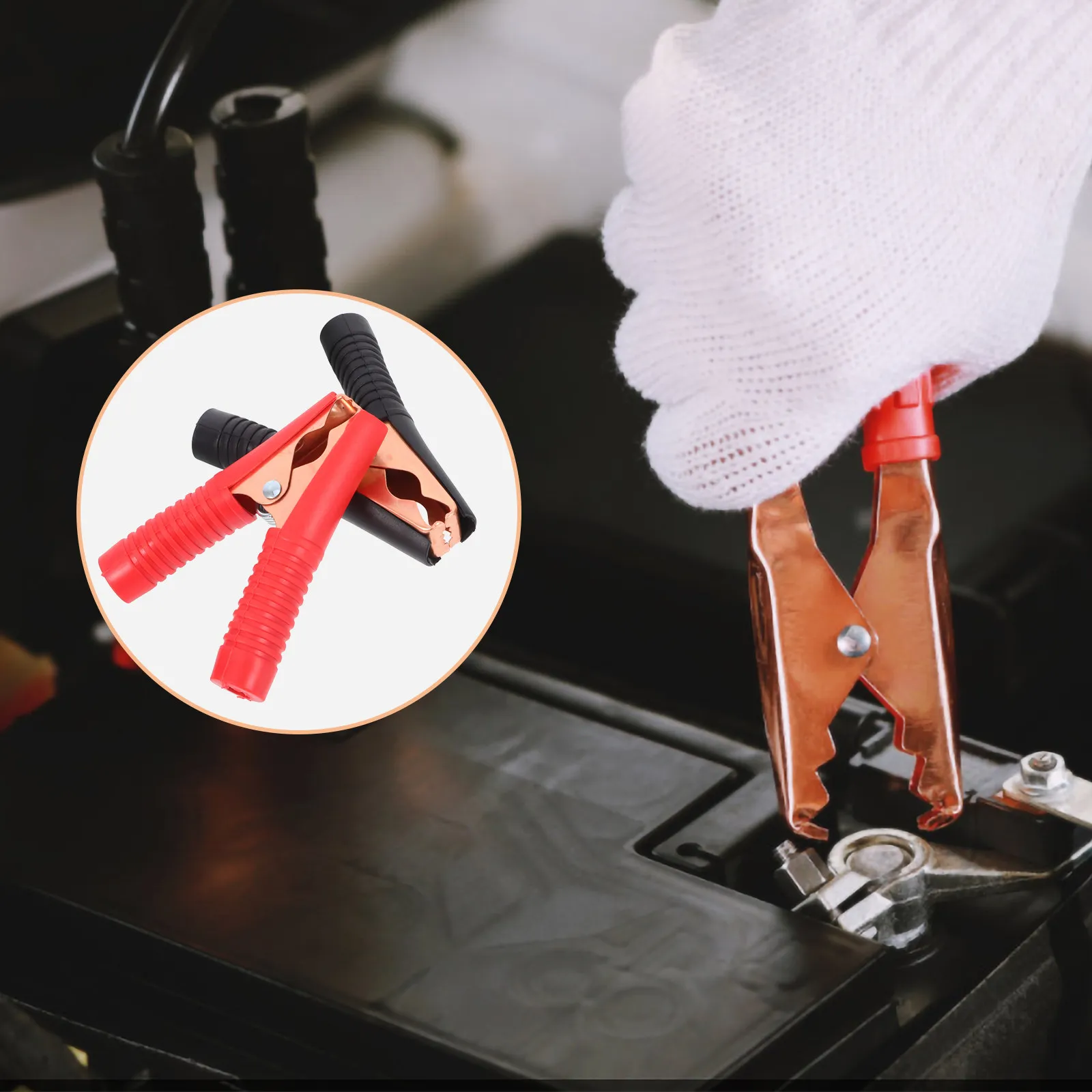 

2Pcs Automotive Crocodile Clips Copper Handle Rust Proof Battery Terminal Connectors Black Red Polarity Marked Cable Clamp Kit