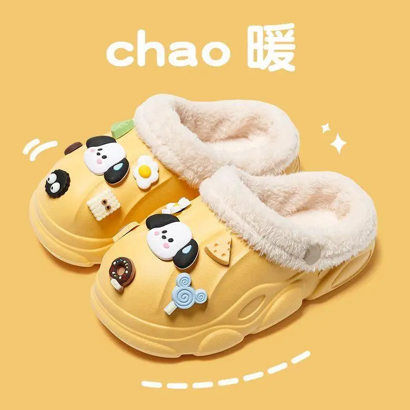 Diy Sanrio Pochacco Cotton Slippers Girl Removable and Washable Slippers Winter Anti-Slip Child Home Shoes Hello Kitty Kawaii