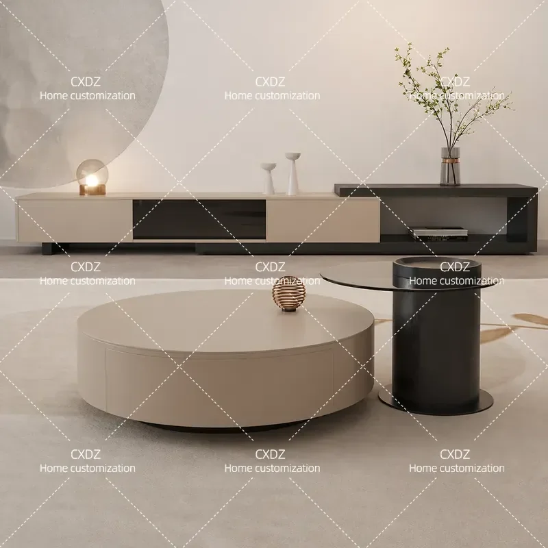 Modern Simple Khaki Round Coffee Table with TV Cabinet Combination Tempered Glass Edge Retractable Design Floor Storage Unit