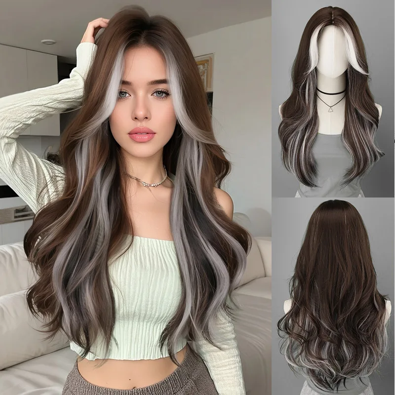 Brown &Silver Gray Highlight Long Wavy Synthetic Wig Natural Realistic Heat-Resistant for Daily Party Cosplay Fashion Hair Style