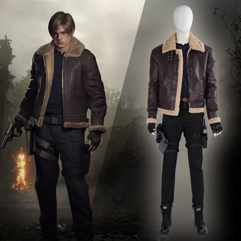 Leon · Scott · Kennedy Biohazard Resident 4 Leon S ชุดคอสเพลย์ผู้หญิงชั่วร้ายเสื้อโค้ทหนัง PU faur แจ็คเก็ตแขนยาวเสื้อนอกสำหรับฤดูหนาว