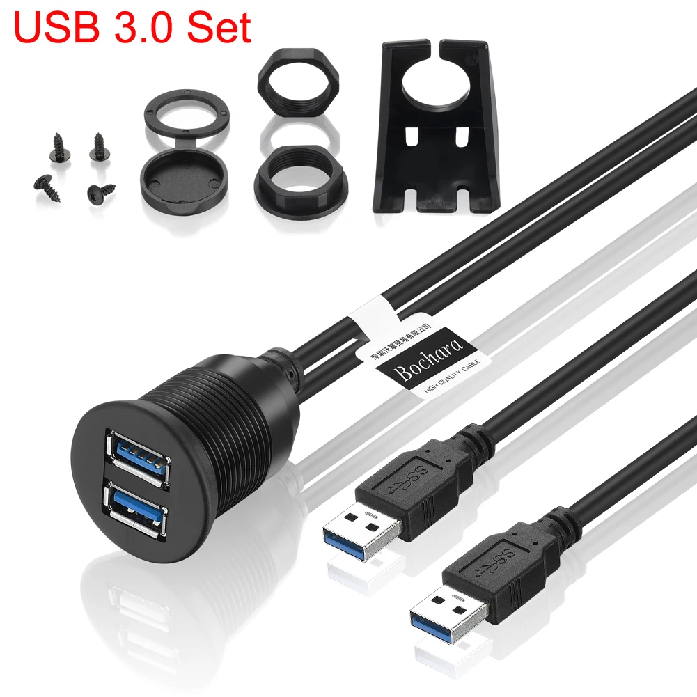 Bochara DashBoard Dual USB 3.0 USB 2.0  Male to Female Extension Cable With Flush Mount Panel For Car Truck Boat Motorcycle