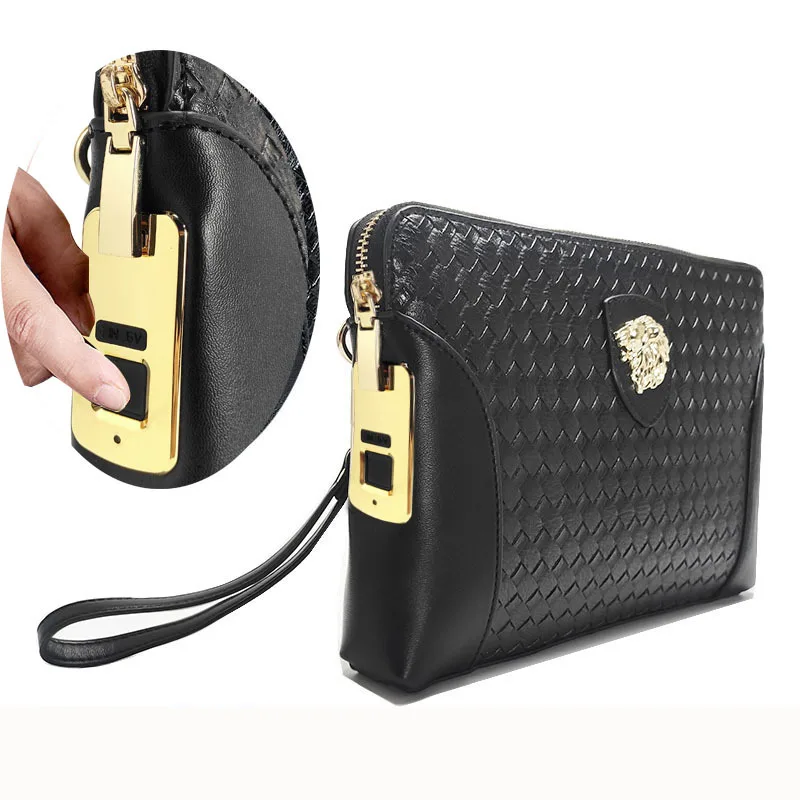 Lock Luxury Men Bag Large Capacity Business Men's Genuine Leather Handheld Luxury Woven Clutch Portable Fingerprint Unlock