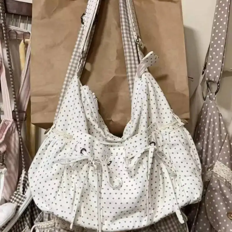 2025 New Vintage Dots Bow Office Lady Underarm Bag Korean Fashion Women Shoulder Bags Y2k Aesthetic Casual Purses And Handbags