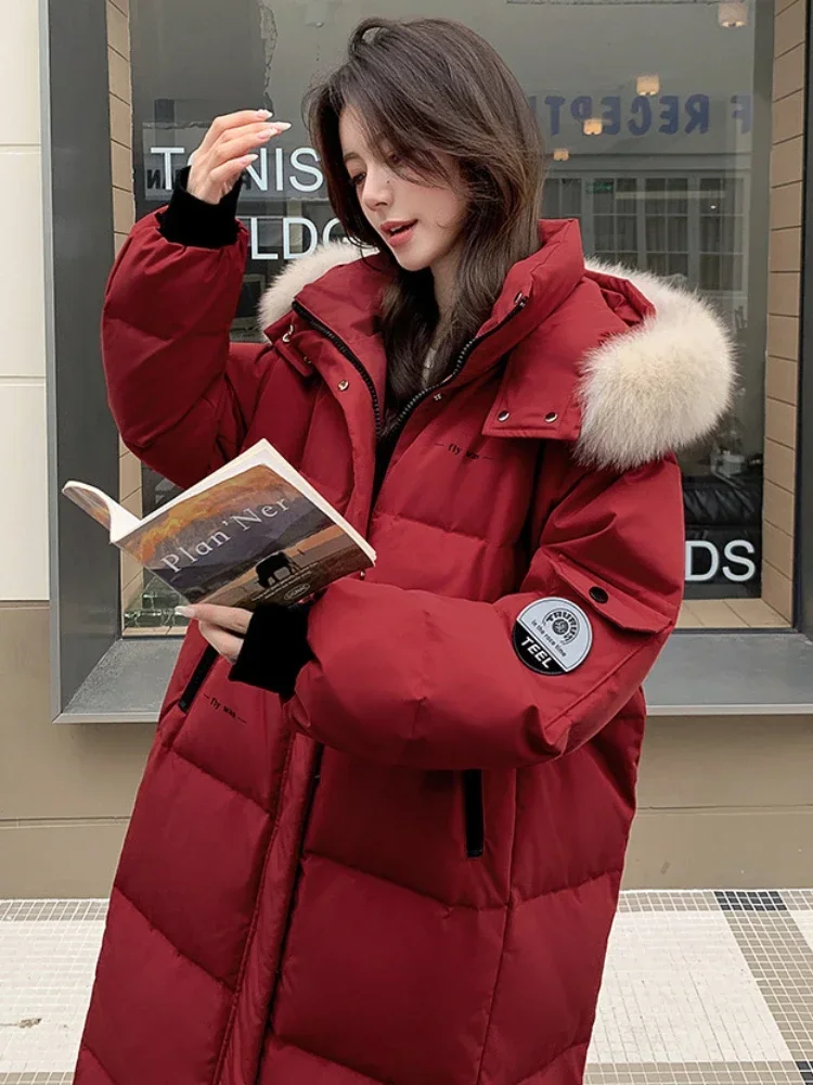 Chaqueta de plumón con cuello de piel de zorro grande Extra gruesa para mujer, ropa cálida y fría extrema de invierno, abrigo acolchado de pato blanco largo holgado de talla grande