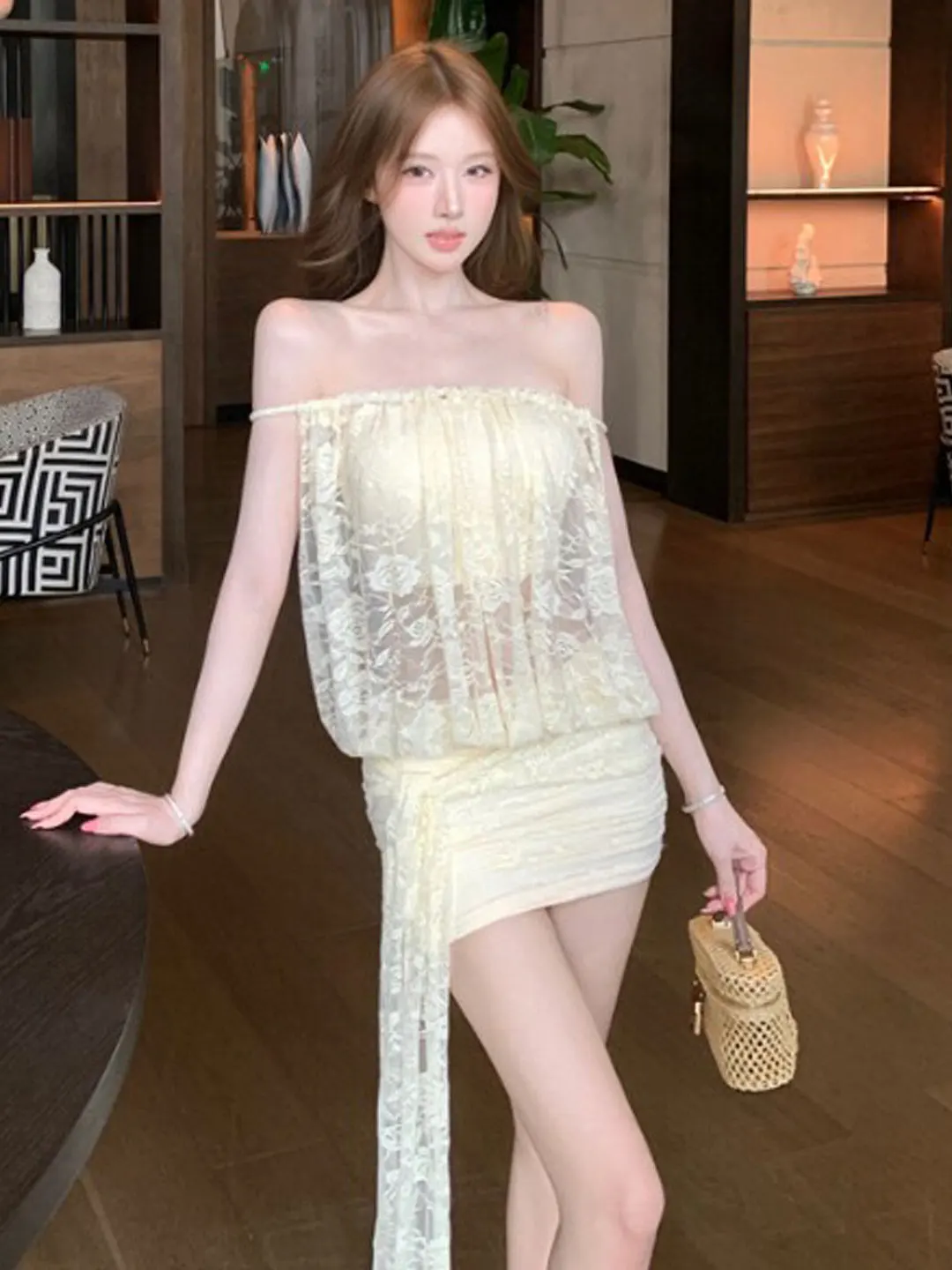

Sexy One-Shoulder Bodycon Short Skirt Design Pure Desire Summer Dress Women's Fashion Cotton Blend Tube Dress Casual Wear