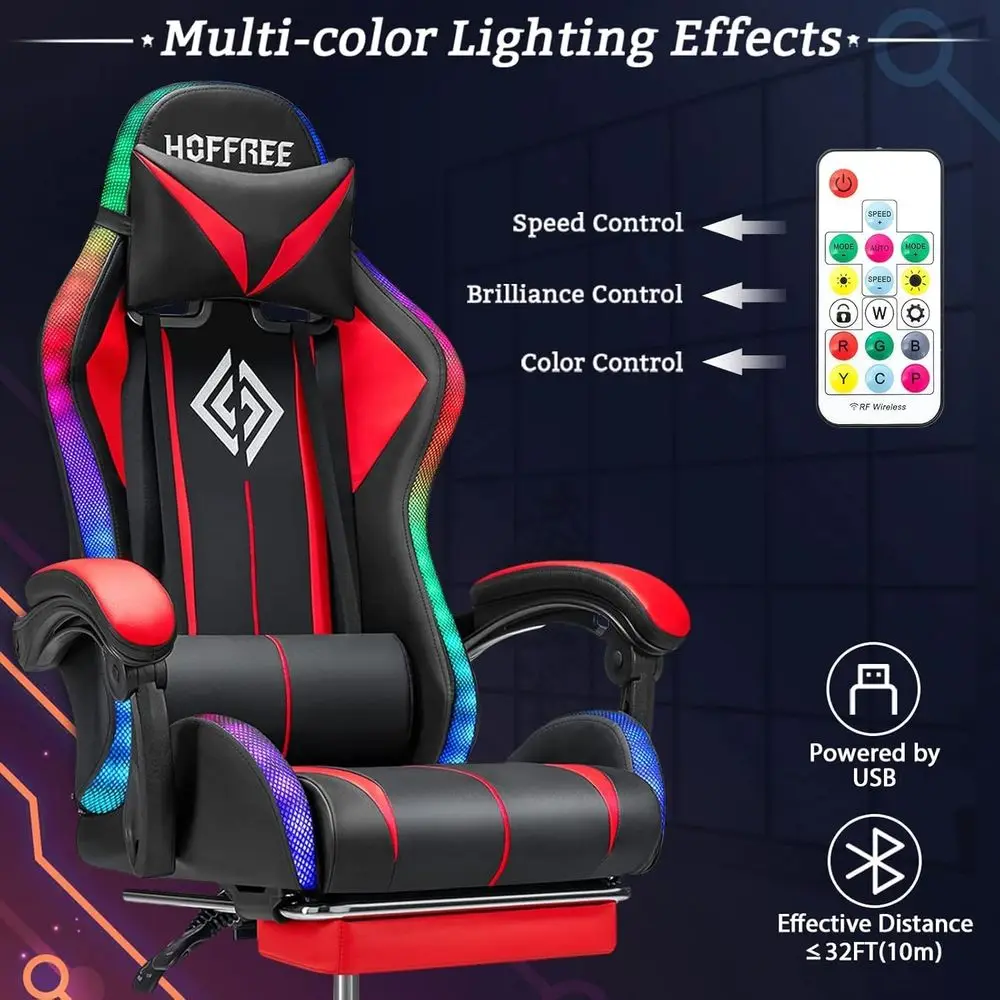 RGB Gaming Chair with Bluetooth Speakers and LED Lights Ergonomic Massage Computer Game Chair with ootrest High Back Music Video view 6