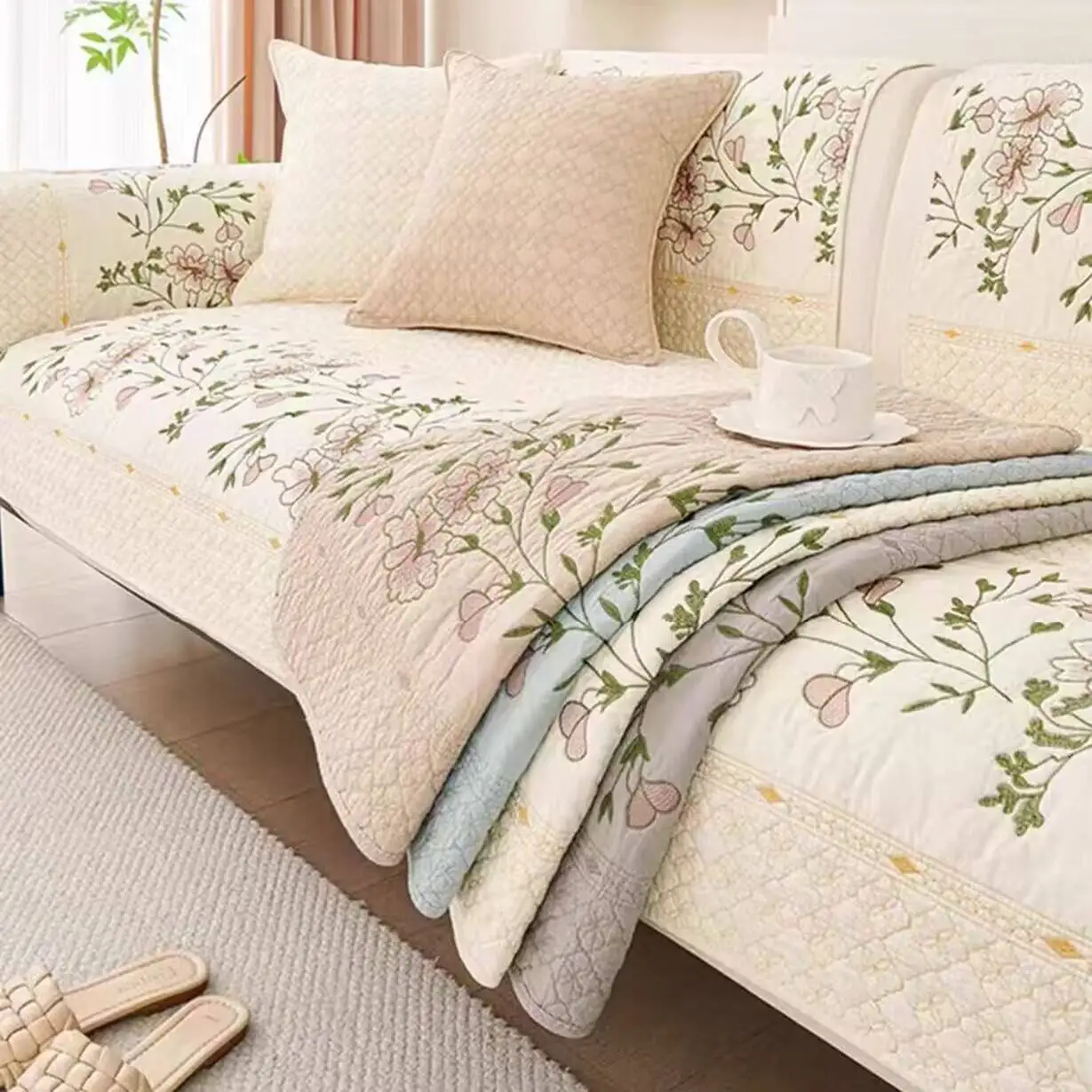

Cotton Sofa Cover Pastoral Style Embroidery Flower Anti-scratched Seat Cushion Pad All Seasons Universal Non-slip Sofa Slipcover
